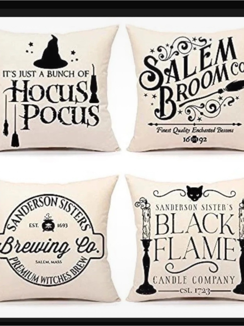 Sanderson Sisters Halloween Decorative Pillow Covers - Black on Cream
